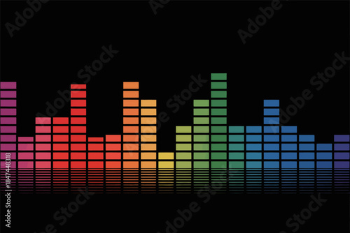 A colorful audio spectrum equalizer displays sound waves on a black background.