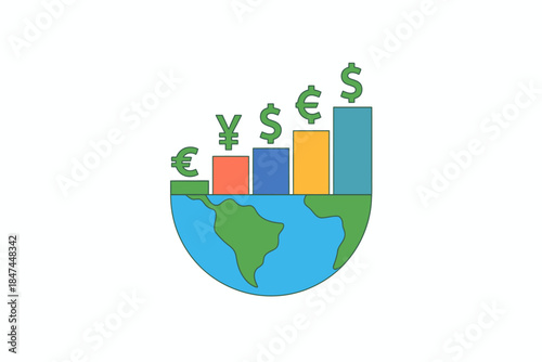 Global financial growth is depicted by currency symbols on a bar chart.