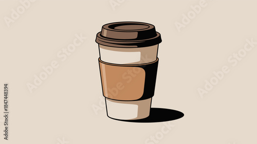 A disposable coffee cup sits on a neutral background.