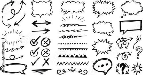 Collection of hand drawn comic style speech bubbles and graphic elements