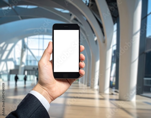 A hand holding a smartphone with blank screen in modern architectural space