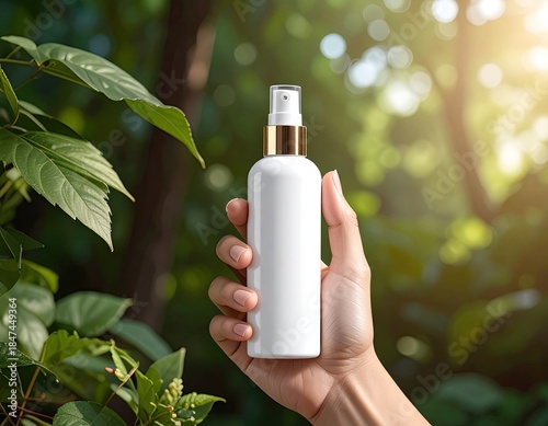 Hand holding a white spray bottle against a lush green backdrop