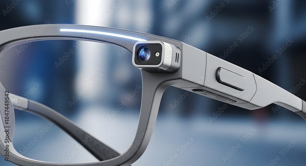 Obraz premium Close up of futuristic smart glasses featuring an integrated camera and subtle glowing indicator light