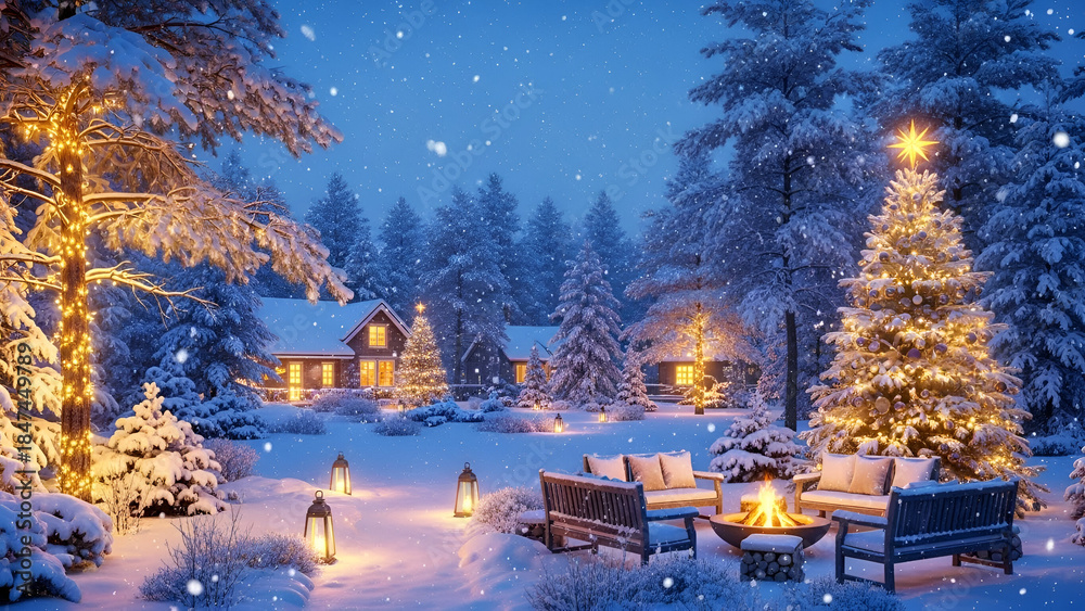 Fototapeta premium Christmas night with trees and houses in snowy city and village landscape