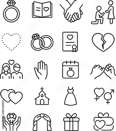Wedding And Commitment Love Outline Icons Black White