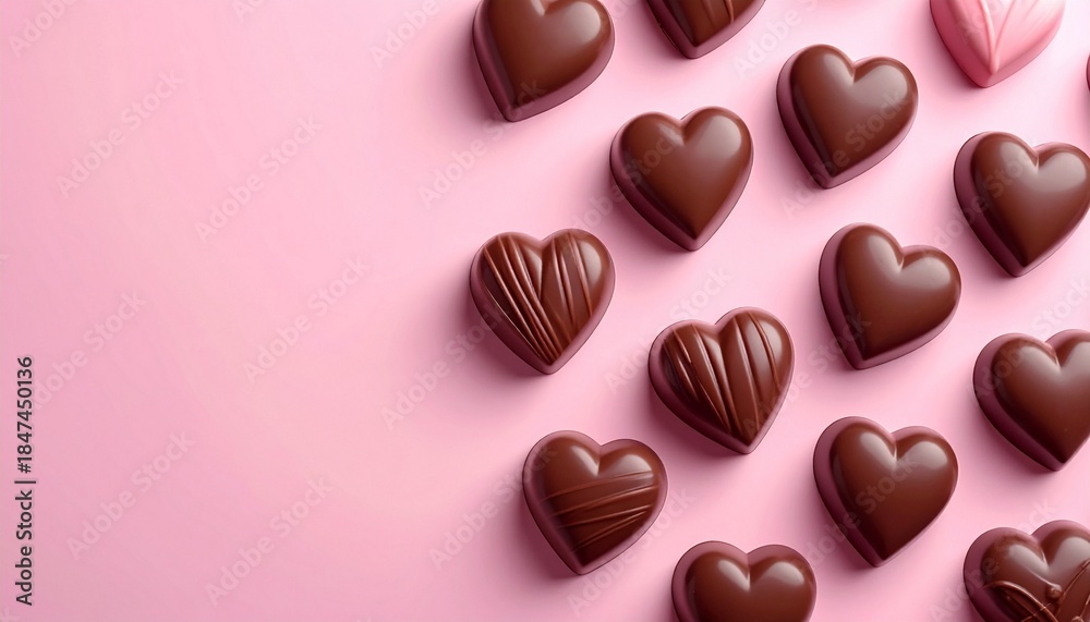 Fototapeta premium A delightful array of rich, heart-shaped chocolate candies scattered elegantly across a vibrant pink surface, perfect for expressing love and sweet affection