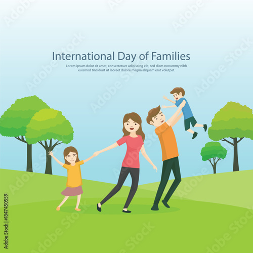 Bright illustration celebrating the International Day of Families, showing a happy family together outdoors. Perfect for awareness campaigns, educational materials, and social-themed designs.