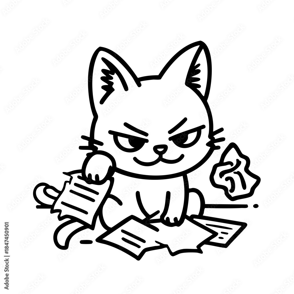 Obraz premium Cat is sitting on a pile of papers and looks angry. The cat is surrounded by crumpled papers and a tissue