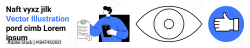 Decision making, visual design, user feedback, corporate processes, approval workflow, professional review. Person reviewing a document, eye thumbs-up icon. Corporate processes and decision making