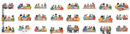 Diverse Group Study and Collaboration Illustrations: Students Learning Together Using Books, Laptops, and Tablets in Educational Settings.