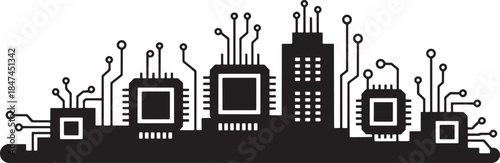 City skyline with microchips representing technology innovation and development