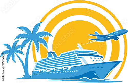 Illustration of cruise ship and airplane travel concept with palm trees and sun
