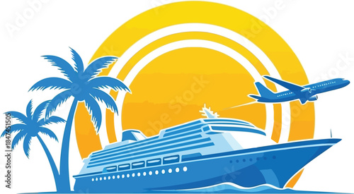 Illustration of tropical vacation travel concept with cruise ship, airplane, and palm trees under sun