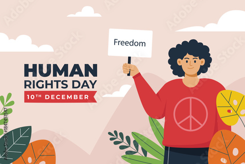 Illustration for International Human Rights Day showing a person holding a freedom sign, symbolizing equality, justice, and human dignity. Suitable for awareness campaigns, education, and social media