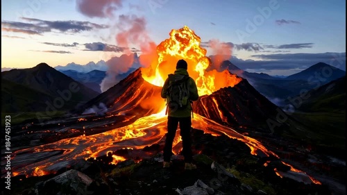 Adventurer Watches Majestic Volcano Erupting Lava Flowing Down Mountain.