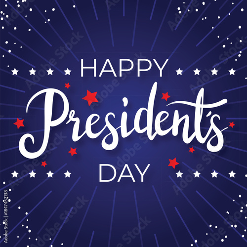 Elegant Happy Presidents Day typography design with stars on a dark blue background. Ideal for national holiday posts, educational content, banners, and patriotic celebrations.