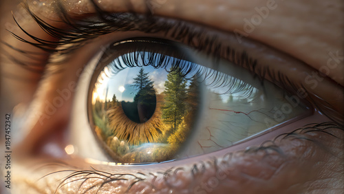 Realistic close-up of human eye with natural reflections