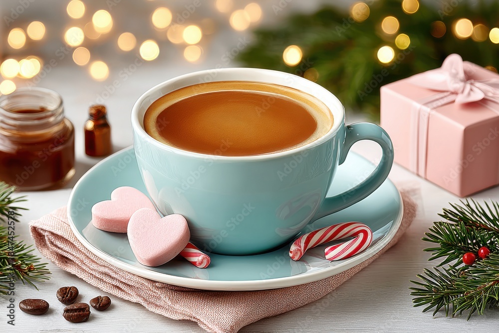 Fototapeta premium Blue coffee cup with latte art, heart candy canes, and gift box for festive holiday mood