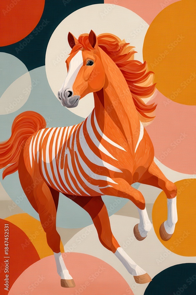 Naklejka premium Bright orange cartoon horse with white stripes leaping through colorful abstract circles background