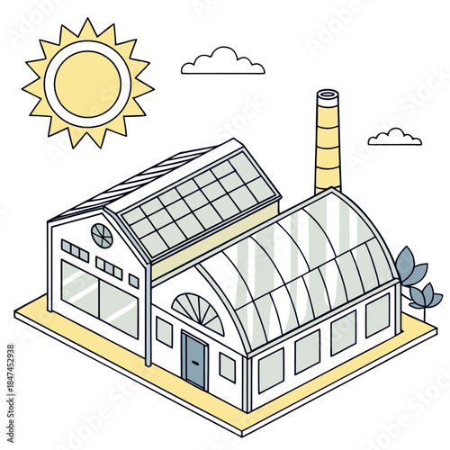 Energy saving factory with glass tunnel roof and solar sun