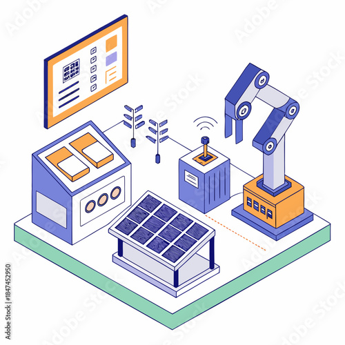 Isometric smart factory simulation with solar panel robotic arm and computer screen