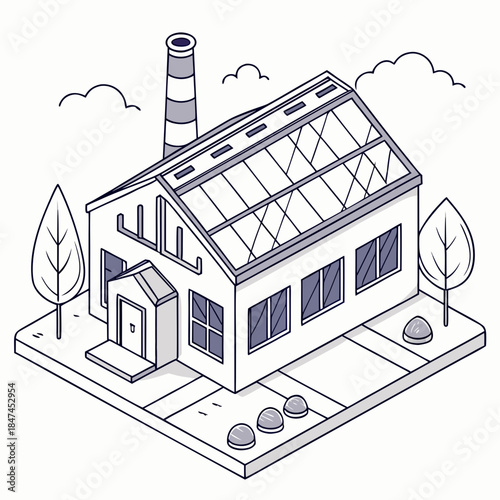 Isometric view of energy saving factory with glass tunnel roof and solar panels