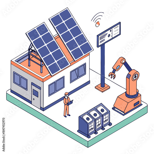 Solar powered smart factory with robotic arm and worker