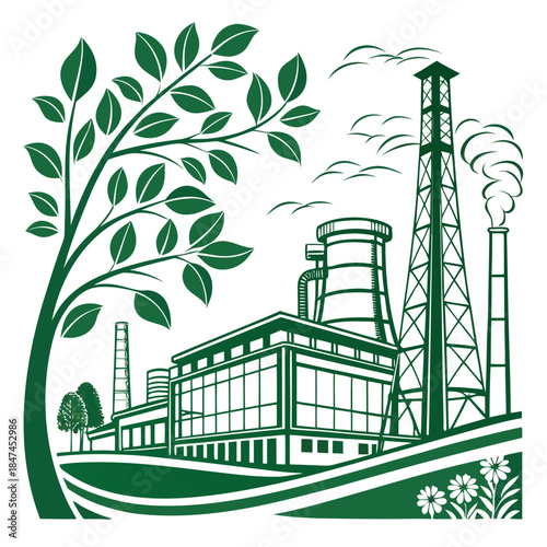 Green industrial landscape with factory and tree leaves