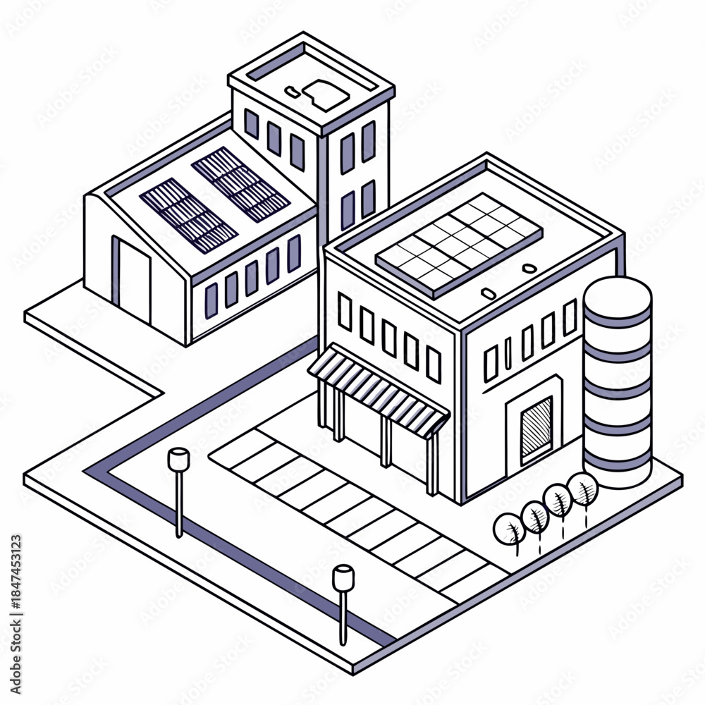 Naklejka premium Isometric view of industrial buildings with solar panels