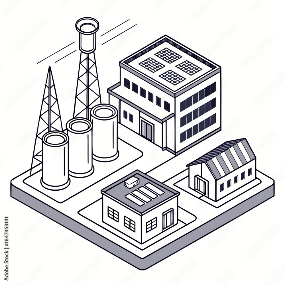 Naklejka premium Isometric view of industrial district with solar panels and smokestacks