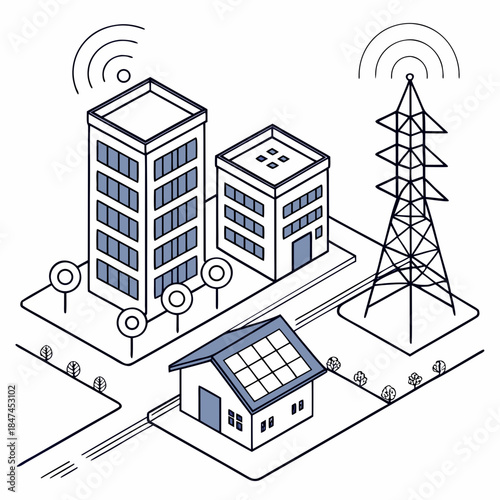 Isometric smart city grid with solar panel roof and communication tower