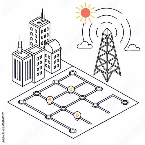 Isometric smart city grid with solar power and communication tower