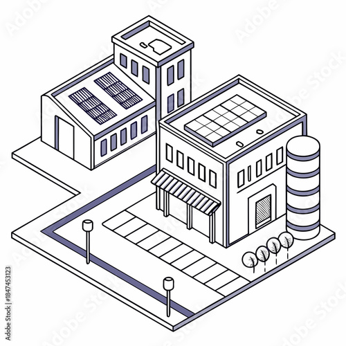 Isometric view of industrial buildings with solar panels