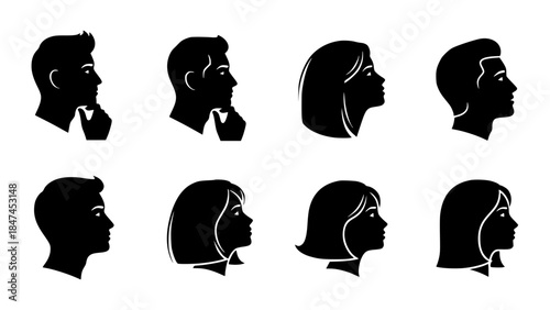 Black and white silhouette icons of male and female heads in profile and thinking poses