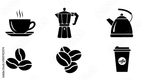 Collection of six black and white silhouette icons featuring coffee beans, cups, and brewing equipment