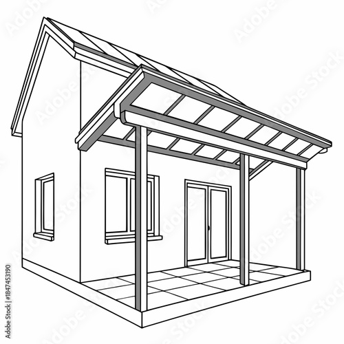 House with covered porch and solar panels on roof columns