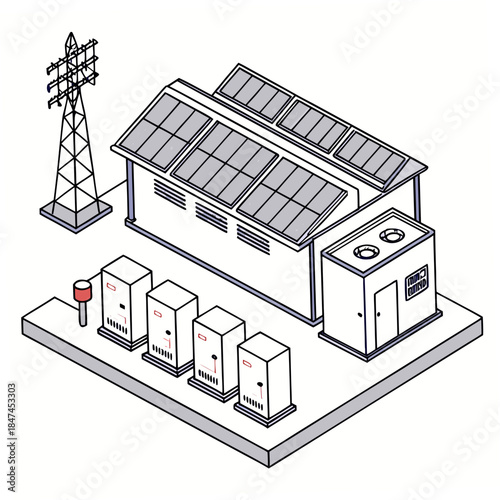 Isometric solar facility with solar panels and electrical equipment