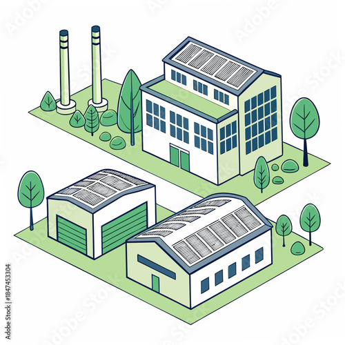 Industrial complex with green spaces and solar roofs