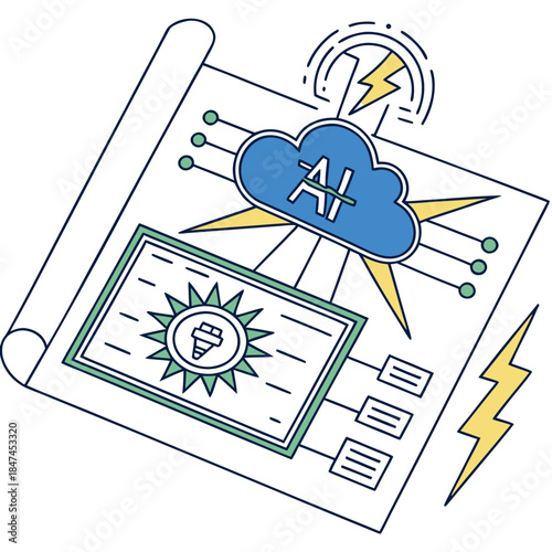 Ai cloud producing solar power blueprint white background