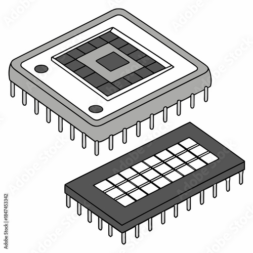 Microchip reflecting tiny solar plates on white background