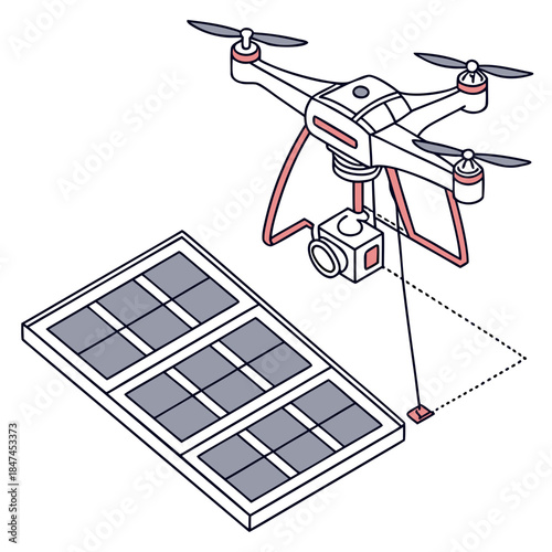Robotic drone inspecting solar panel grid with camera on white background