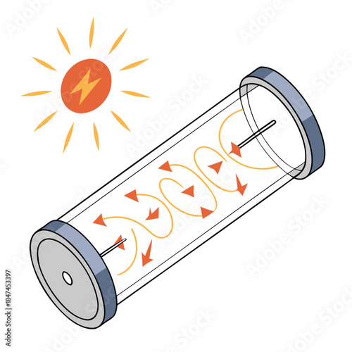 Transparent cylinder with solar energy flow and sun