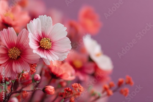 Pink cosmos flowers against a soft purple background for romantic floral decor and nature photography