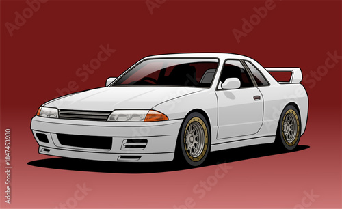 White sports coupe car vector illustration in clean detailed style, three-quarter front view, isolated with shadow, suitable for automotive design, posters, racing themes, and digital graphics