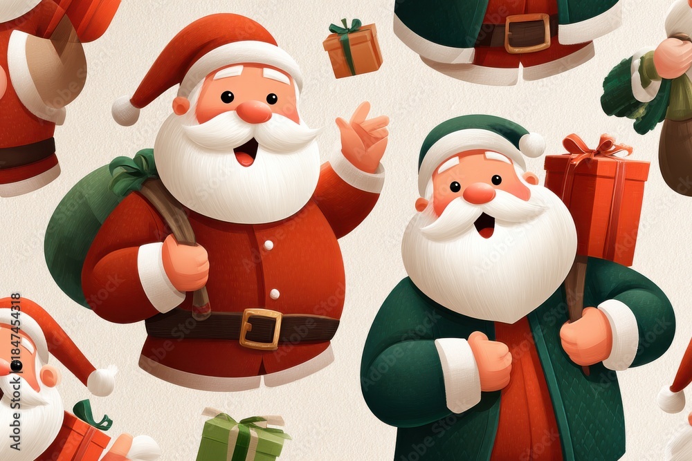 Fototapeta premium Cheerful Santa Claus with gifts in a festive pattern for Christmas illustrations and stock photography