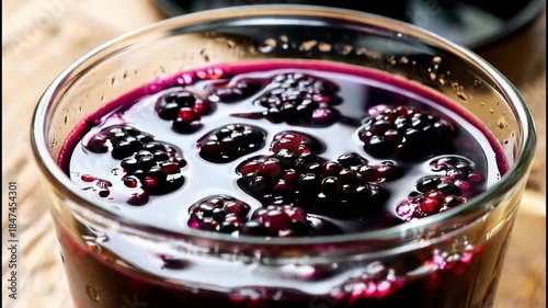 Close up of fresh blackberries in a glass of dark purple juice.