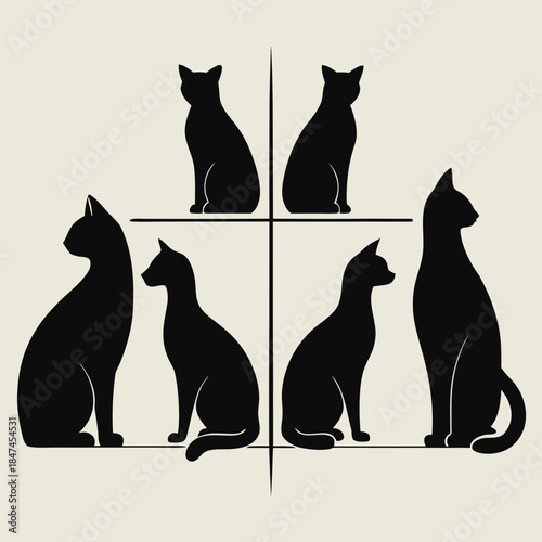 Stylish Cat Silhouette Set in Grid Pattern