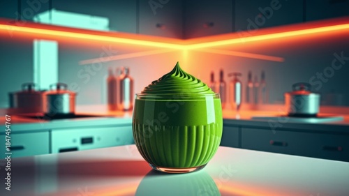 Green Smoothie in a Glass on a Bright Modern Kitchen Counter