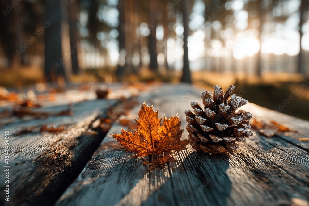 Fototapeta premium Autumn scene on wooden table with leaf and pine cone in a sunlit forest setting