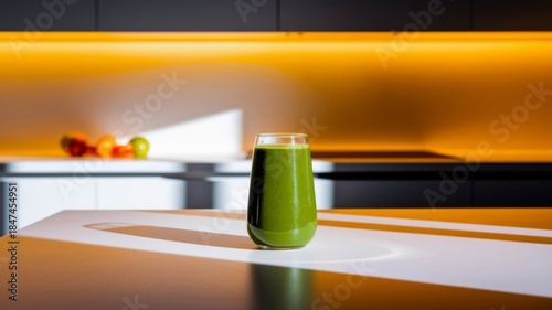 Green Smoothie in a Glass on a Bright Modern Kitchen Counter